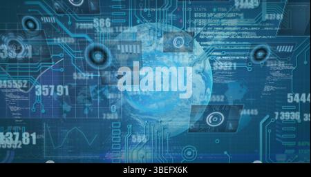 Image of data processing, integrated circuit over globe and blue background Stock Photo
