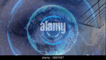 Image of scope scanning, globe and networks of connections over eye of caucasian woman Stock Photo