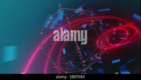 Image of globe of network of connections over glowing tunnel in seamless pattern Stock Photo
