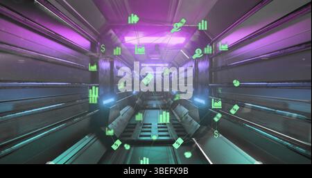 Image of financial icons over moving industrial tunnel Stock Photo