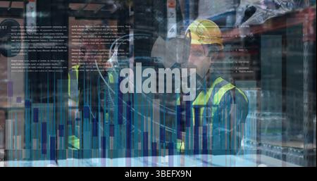 Image of statistical data processing over two male workers discussing at warehouse Stock Photo