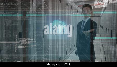 Image of network of connections and binary coding and data processing over purple background Stock Photo