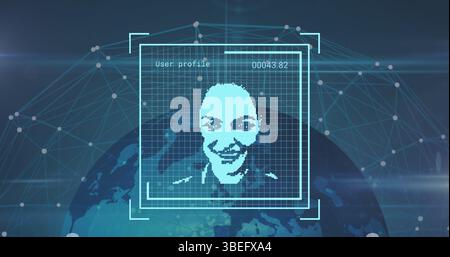 Displaying pixelated female face smiling in UI, user profile 00043 Stock Photo