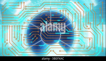 Swirling vortex displaying gold circuit traces in virtual environment, with neon turquoise nodes Stock Photo