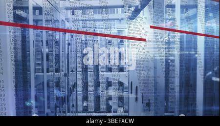 Image of red lines and data processing over servers Stock Photo