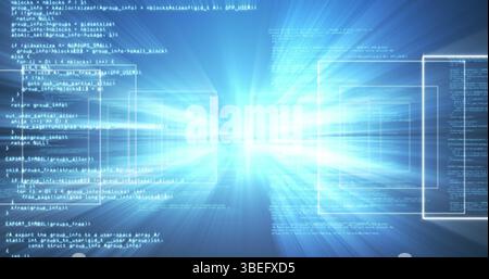 Displaying programming code text streaming through virtual tunnel, with central beam and UI panels Stock Photo