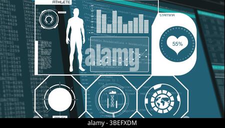 Displaying digital athlete interface on virtual screen, with silhouette graphic and stamina gauge Stock Photo