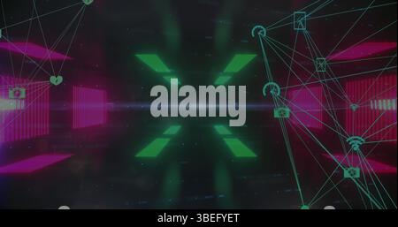 Financial data processing and globes of digital icons spinning against glowing tunnel Stock Photo