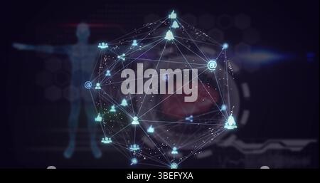 Image of globe of digital icons over digital interface with medical data processing Stock Photo