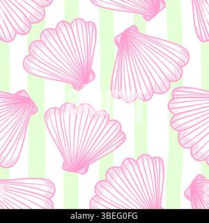 La dolce vita themed seamless pattern with Seashells. The Scallop print with hand drawn pink contour on green and white striped background. Hand-drawn vector inspired by Summer Italian aesthetic. Stock Vector