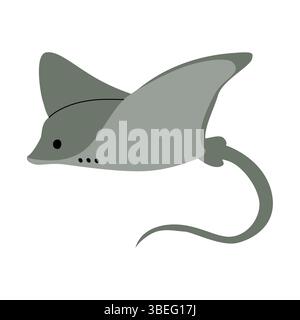 Flat illustration of a stingray in shades of gray with a long tail and smooth fins. Simple ocean animal design, perfect for marine life education, sea Stock Vector