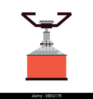 Flat illustration of a portable gas camping stove with a red fuel canister. Represents essential outdoor cooking equipment for hiking, backpacking Stock Vector