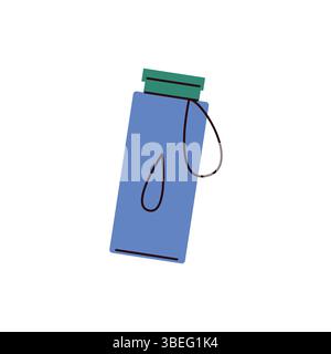 Flat illustration of a reusable blue water bottle with a green cap and carrying loop. Decorated with water drop symbols, representing hydration, eco Stock Vector