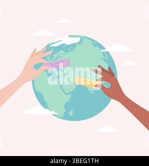 Two hands of people of different skin tones sticking medical plasters on the Earth globe. Flat vector illustration Stock Vector