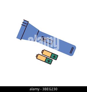 Flat illustration of a blue flashlight with two AA batteries. Minimal design symbolizing camping gear, emergency lighting, and essential outdoor Stock Vector