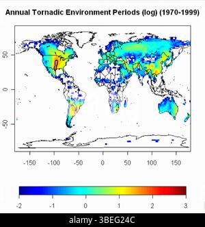 This world map, created by Harold Brooks in 2003, shows tornado frequency from 1970 to 1999. It visually represents global tornado occurrences, highlighting regions with high tornado activity and providing valuable data for meteorological studies. Stock Photo