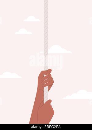 Human hands pulling the rope from above on a beige cloudy background. Flat vector illustration Stock Vector