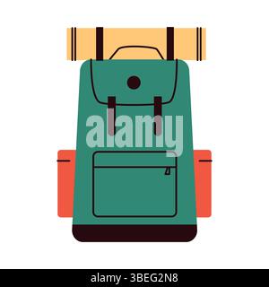 Flat illustration of a green camping backpack with red side pockets and a rolled sleeping pad on top. Represents essential gear for hiking, trekking Stock Vector