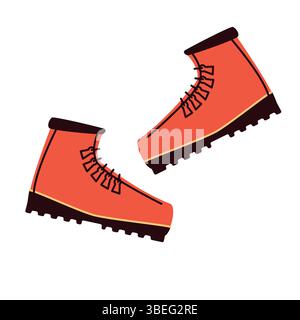 Flat illustration of a pair of red hiking boots with black soles and rugged laces. Represents outdoor footwear, trekking equipment, and mountain Stock Vector
