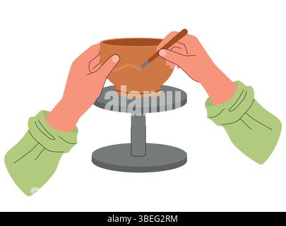Hands decorating a clay bowl with a carving tool on a pottery wheel. Flat style illustration of ceramic art, showing traditional craftsmanship and Stock Vector