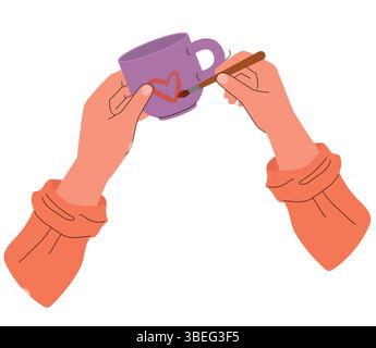 Hands painting a red heart on a purple ceramic mug using a brush. Flat illustration of DIY pottery decoration, capturing a creative and artistic Stock Vector