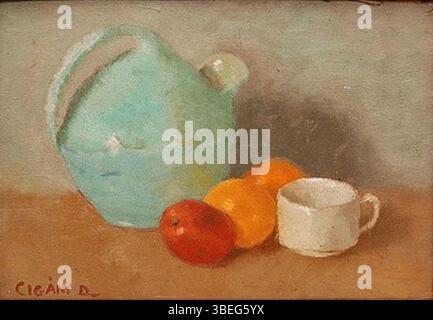 Oil painting on cardboard by Dezso Czigány depicting a still life scene, measuring 26 × 37.5 cm, housed in a private collection. Stock Photo