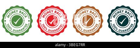 Colorful 100 Percent Money Back Guarantee Badges with Checkmark Icons for Product Trust and Refund Assurance Stock Vector
