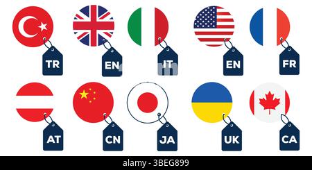 International Language Country Flag Icons with Abbreviation Tags for Global Communication and Translation Stock Vector