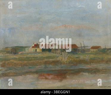 James Ensor’s 1882 landscape “Cottages in the Dunes” depicts humble seaside huts set against drifting sand and expansive sky, rendered with brisk brushwork and subdued coastal light characteristic of his early Belgian period. Stock Photo