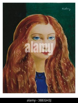 A portrait titled 'Rousse aux yeux bleus' by Moïse Kisling (1891–1953), depicting a red-haired woman with blue eyes, a striking subject choice in Kisling’s exploration of individual personality and style. Stock Photo