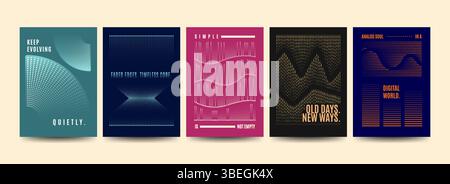 A set of abstract halftone posters featuring creative typography and gradient dot patterns. Ideal for modern wall art, prints, branding, or digital in Stock Vector