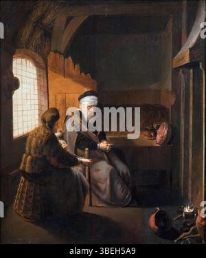 This scene from the Book of Tobit depicts the blind Tobit with his wife ...