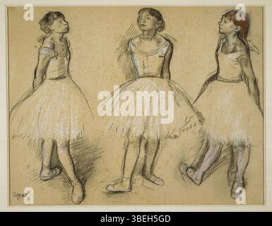 This study by Edgar Degas is a preparatory work for his famous sculpture 'Little Dancer of Fourteen Years.' It captures the youthful dancer in a natural, graceful pose, showcasing Degas' mastery in depicting human movement. Stock Photo