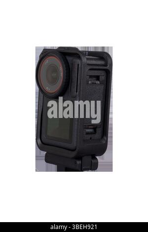 black action camera in protective case on transparent background Stock Photo