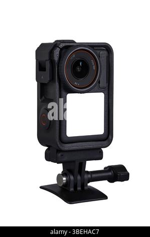 black action camera in protective case on transparent background Stock Photo