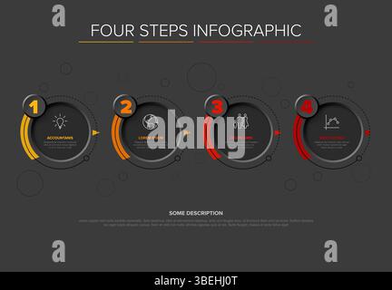 Modern dark template with four steps infographic diagram designed horizontally. Use to display process steps or options easily in a presentation. This Stock Vector