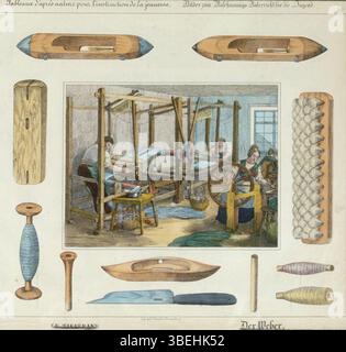 This 1847 colored plate by Jean Frédéric Wentzel illustrates the weaving profession, part of his educational series for youth. It captures the process of textile production in a workshop setting, aiming to inform young learners about the craft of weaving. Stock Photo