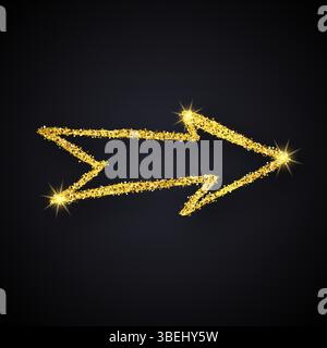 Gold glitter hand drawn arrow. Doodle arrow with gold glitter effect on dark background. Vector illustration Stock Vector