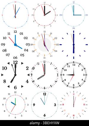 A set of different mechanical clocks with an image of each of the twelve hours. Clock face on white background. Stock Vector