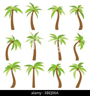 Set of sixteen different cartoon palm trees isolated on white background. Vector illustration Stock Vector