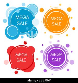 Set of four mega sale stickers with abstract colorful round forms. Vector illustration Stock Vector