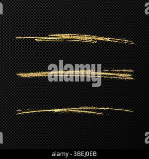 Abstract shiny confetti glittering waves. Set of three hand drawn brush golden strokes on black transparent background. Vector illustration Stock Vector