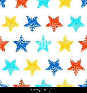 Seamless background of doodle stars. Multicolor hand drawn stars on white background. Vector illustration Stock Vector