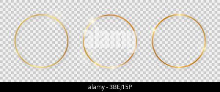 Round shiny frames with glowing effects. Set of three gold round frames with shadows on transparent background. Vector illustration Stock Vector