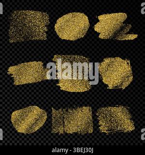 Gold glitter smears on dark transparent background. Set of nine paint brush strokes. Grunge design element. Vector illustration. Stock Vector