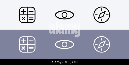Basic icon pack - calculator, visibility and navigation icon. Stock Vector