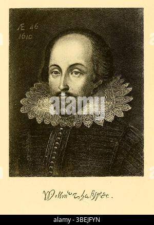'Portrait of Shakespeare' from the frontispiece of the Centenary Edition of Thomas Carlyle’s 'On Heroes, Hero-Worship and the Heroic in History' (1903). This portrait represents the iconic image of William Shakespeare as part of the literary work's centenary celebration. Stock Photo