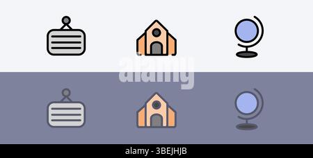 Modern education and school vector symbol set - Sign, school building and globe set. Stock Vector