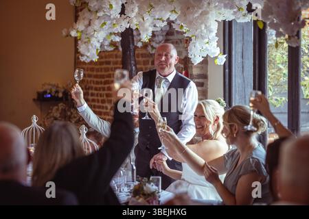 Bride and groom along with guests at wedding raising glasses and toasting during wedding breakfast speech. Stock Photo