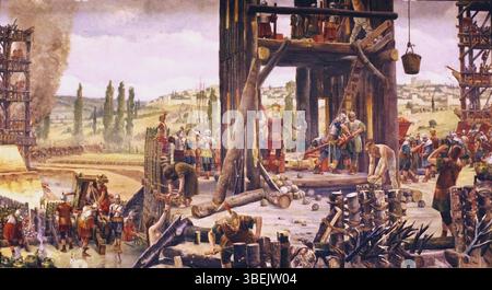 Henri-Paul Motte’s painting 'The Siege of Alesia' depicts Roman soldiers led by Julius Caesar besieging the Gallic town of Alesia in 52 BC. The painting was created around 1888. Stock Photo